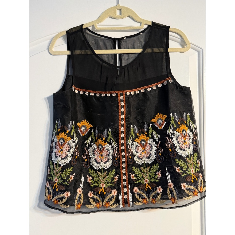 Anthropologie Nalani Embroidered Tank Small Black Floral Beaded Boho Folk Top‎